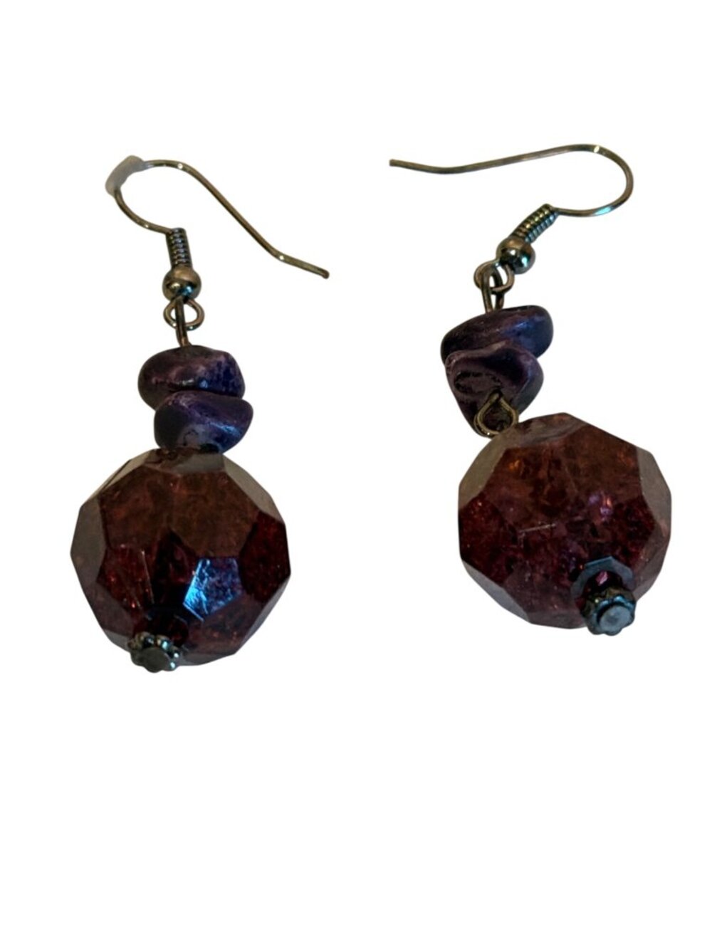 Dangle Drop Earrings Faceted Red & Purple Beaded Sparkly Boho Career 1"
